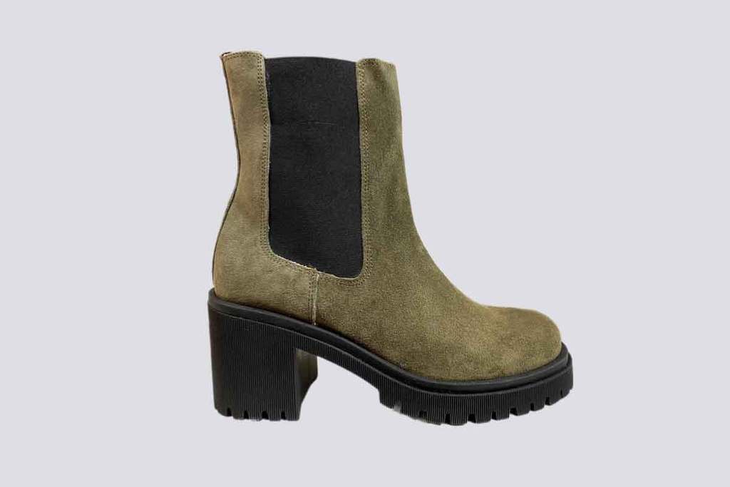 23133  LAMICA MOSS GREEN SUEDE HIGH HEELED ANKLE CHELSEA