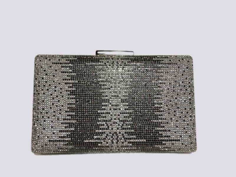 Diamonte studded Metal Clutch Purse with clasp fastner and chain  SILVER 24073