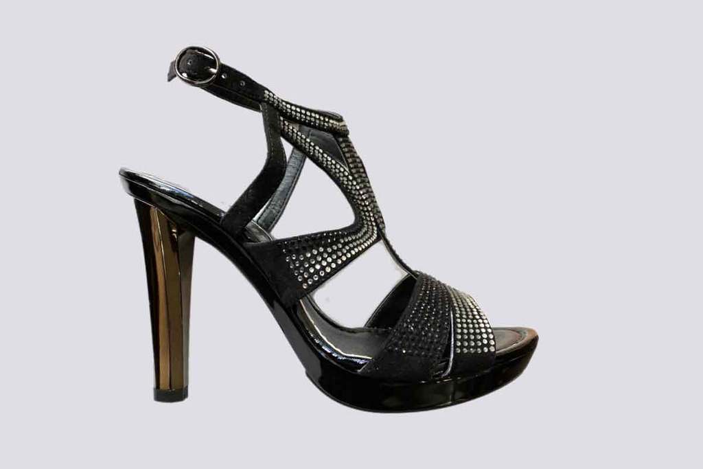 Black swirl T bar sandal with diamonte studded 92mm mirrored  heeled 176545